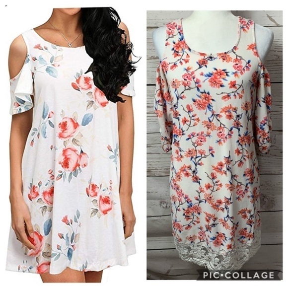 EUC Love J Floral Cold Shoulder Lace Hem Dress - Picture 1 of 8